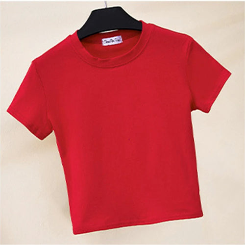 Load image into Gallery viewer, Green Crop Top T-Shirt Female Solid Cotton O-Neck Short Sleeve T-shirts for Women High Waist Slim Short Sport Femme T-Shirt
