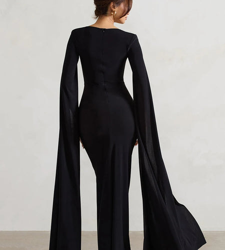 Elegant Bodycon High Slit Long Sleeved Shawl Women Dress Elasticity Tight Sexy Party Club Evening Dress Female Vestido