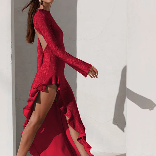 Load image into Gallery viewer, Glitter Thigh High Split Sexy Maxi Dress For Women Gown O Neck Long Sleeve Backless Ruffled Shiny Long Dress Gown
