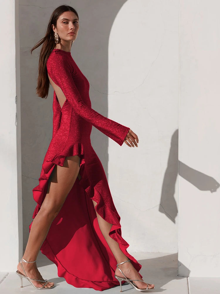 Glitter Thigh High Split Sexy Maxi Dress For Women Gown O Neck Long Sleeve Backless Ruffled Shiny Long Dress Gown