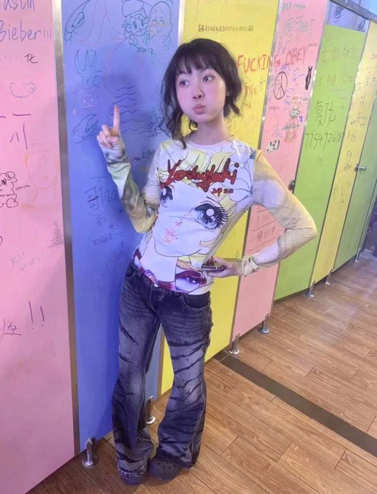 Japanese Grunge Fairy Cartoon Print Harajuku Tops T-shirt Women Streetwear Kawaii Cropped TshirtsY2k Aesthetic Vintage Cute Tees