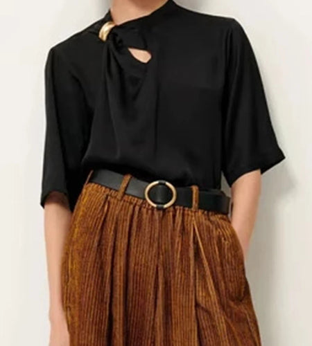 Solid Loose Spliced Folds Casual T Shirts for Women O Neck Half Sleeves Hollow Out Minimalist T Shirt Female New