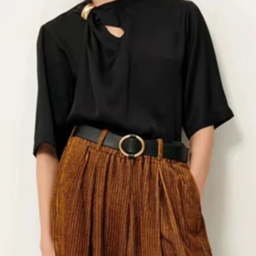 Load image into Gallery viewer, Solid Loose Spliced Folds Casual T Shirts for Women O Neck Half Sleeves Hollow Out Minimalist T Shirt Female New
