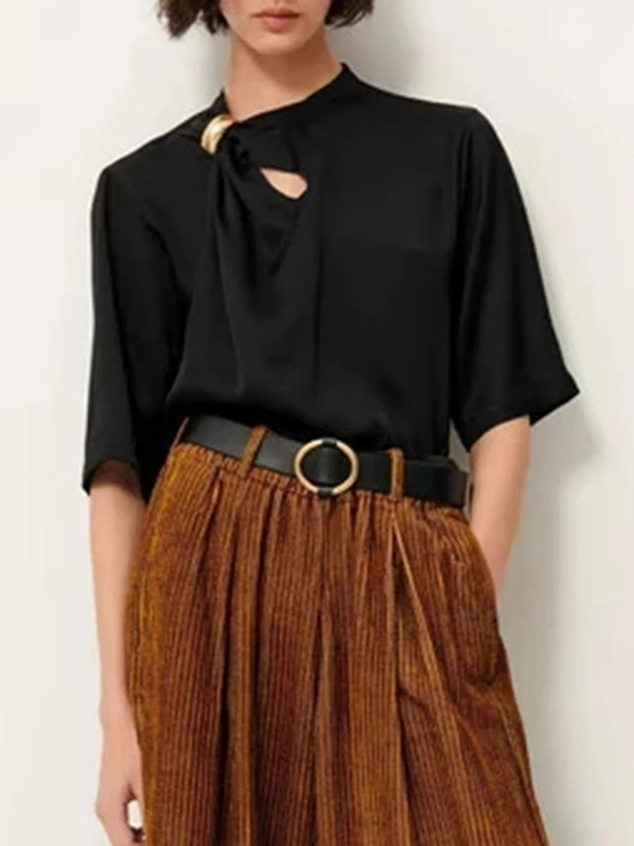 Solid Loose Spliced Folds Casual T Shirts for Women O Neck Half Sleeves Hollow Out Minimalist T Shirt Female New