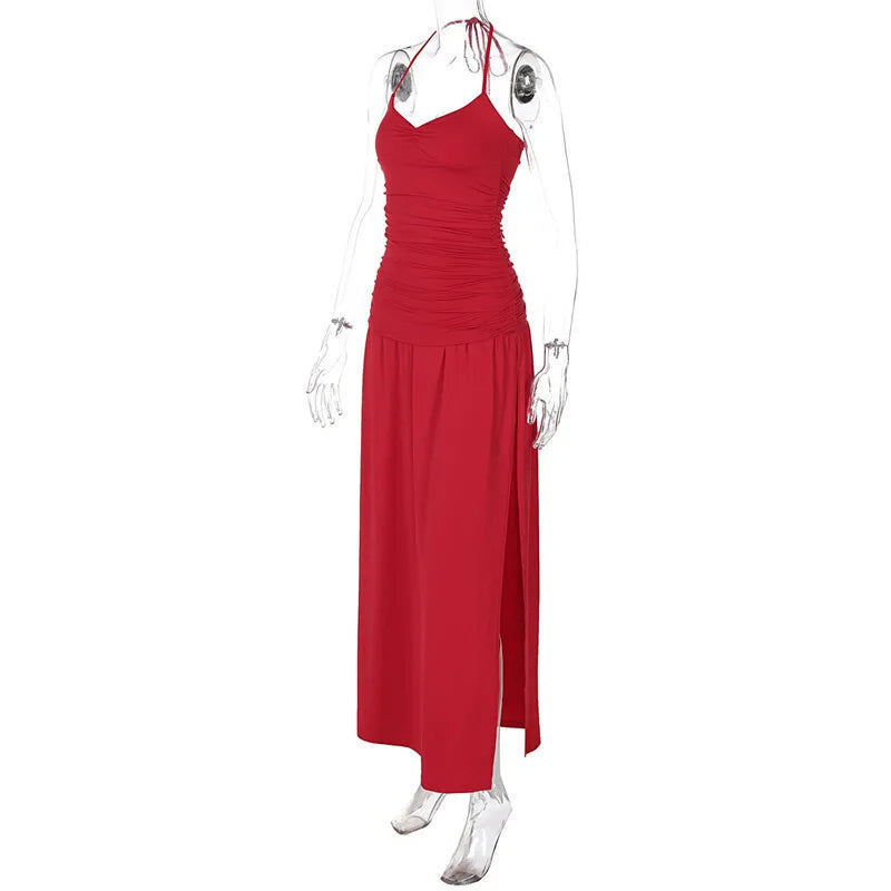 Spaghetti Strap Split Sexy Maxi Dress For Women Elegant Halter Sleeveless Backless High Waist Bodycon Club Party Dress