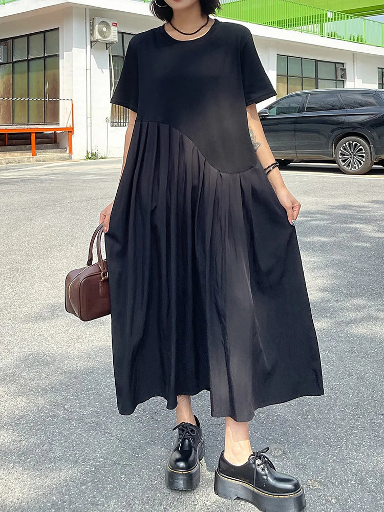 Women Black Irregular Pleated Big Size Midi Dress New Round Neck Short Sleeve Fashion Tide Spring Summer 2025 1DJ0851