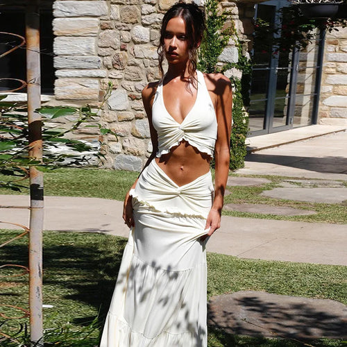 Load image into Gallery viewer, Sexy Sleeveless Skirt Two Pieces Sets For Women V-neck Hollow Out Crop Tops And Long Skirt Patchwork Two Pieces Sets
