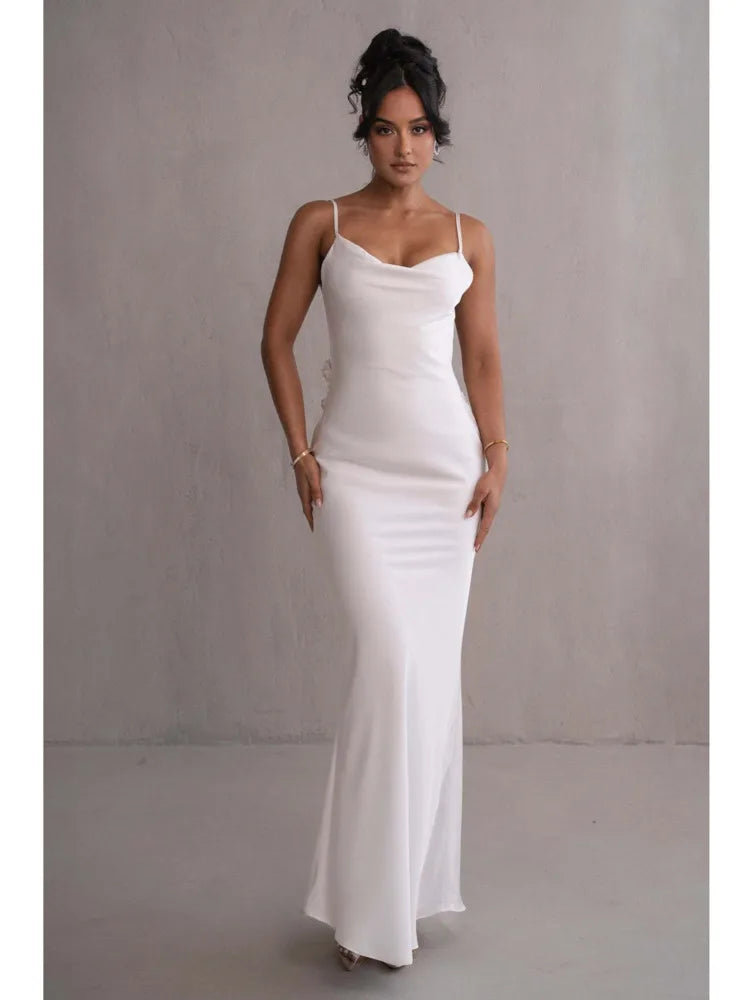 Elegant Sleeveless Flower Shoulder Strap Backless Bodycon Dress Women Sexy Slim Maxi Vesidos Temperament Party Evening