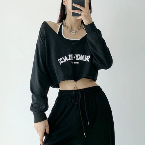 Load image into Gallery viewer, American Retro School Halter Crop T-shirt Tio Women Off Shoulder Fashion Long Sleeve Casual Tees Sexy Cropped Top
