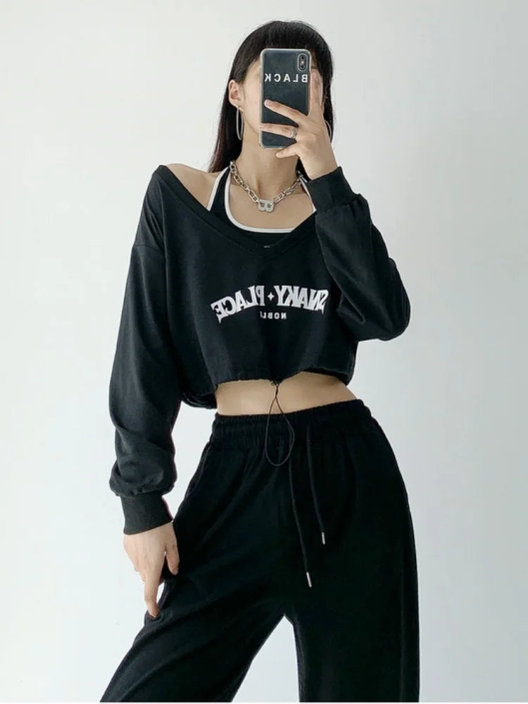 American Retro School Halter Crop T-shirt Tio Women Off Shoulder Fashion Long Sleeve Casual Tees Sexy Cropped Top