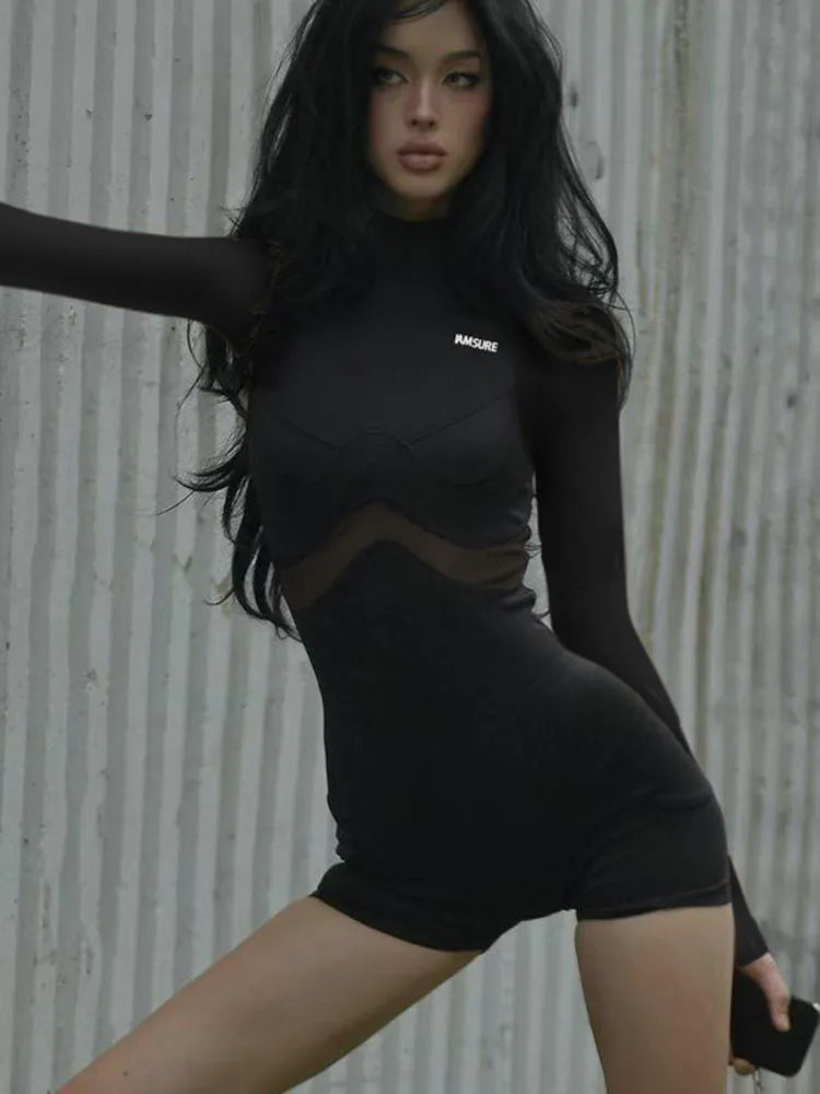 Fashion Long Sleeved Elastic Tight Women 2025 Spring Playsuit Splicing Half High Neck Slim Casual Sporty Female Rompers