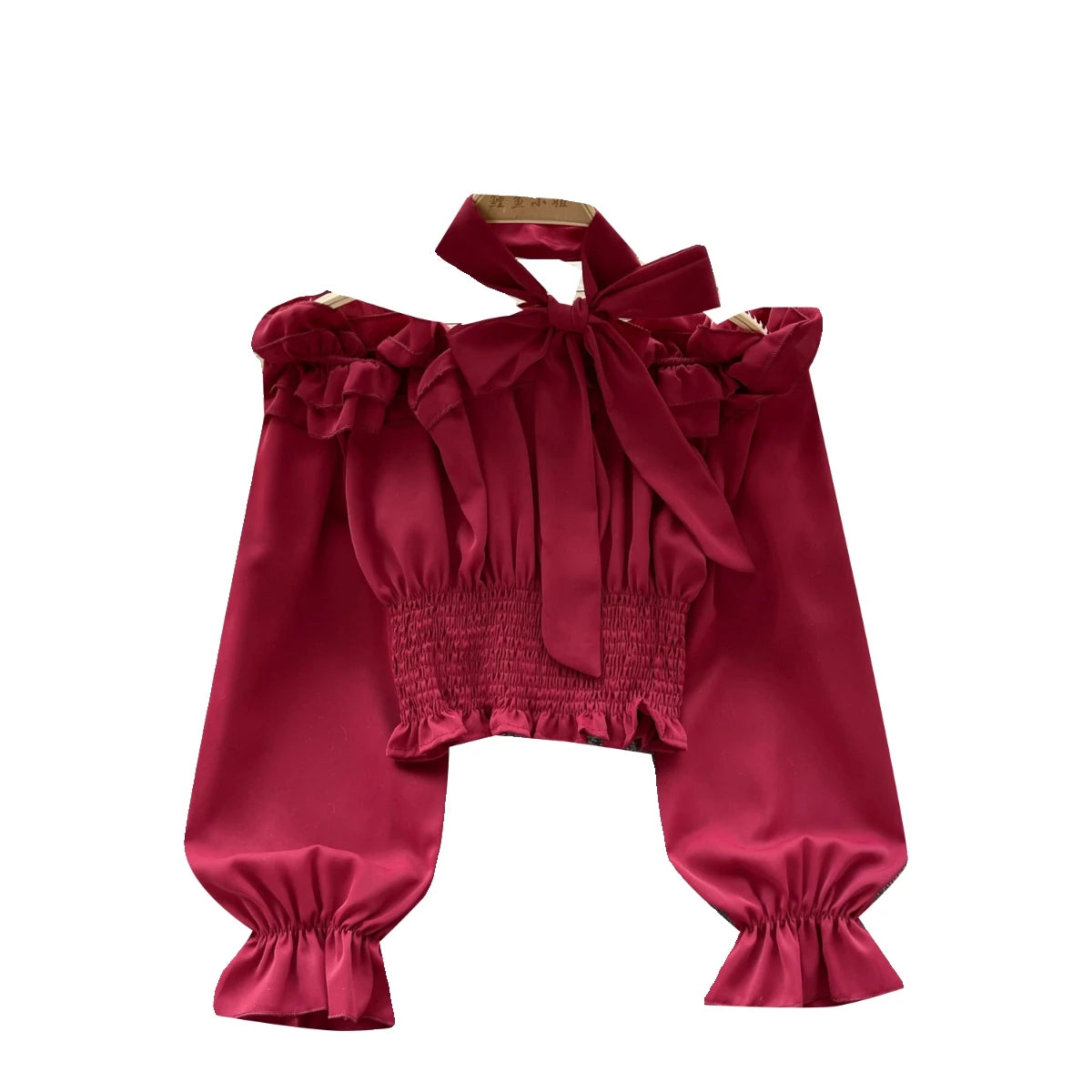 Women Sweet Sexy Club Bow Halter Blouse Off Shoulder Long Sleeve Solid Pleated Shirt Long Sleeve Short Ruffle Tops Spring Autumn