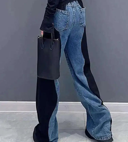 High Elastic Waist Black Color-block Denim Long Wide Leg Pants New Trousers Women Fashion Tide Spring Autumn 2025 1DH4642