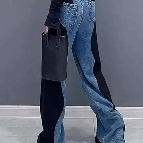 Load image into Gallery viewer, High Elastic Waist Black Color-block Denim Long Wide Leg Pants New Trousers Women Fashion Tide Spring Autumn 2025 1DH4642
