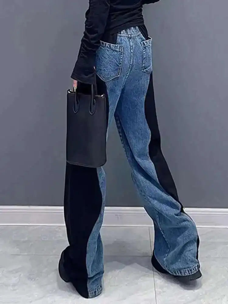 High Elastic Waist Black Color-block Denim Long Wide Leg Pants New Trousers Women Fashion Tide Spring Autumn 2025 1DH4642