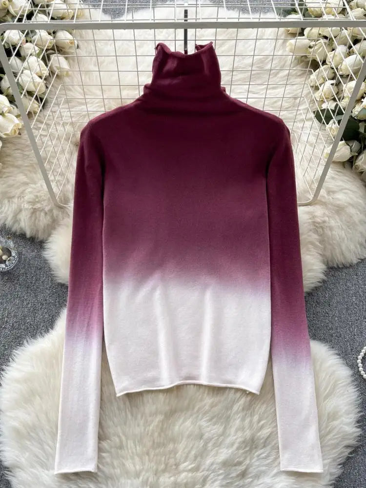 Women Vintage Elegant Long Sleeved Gradual Knitted Sweater Female Autumn New Turtleneck Slim Pullover Tops Fashion Versatile Y2k