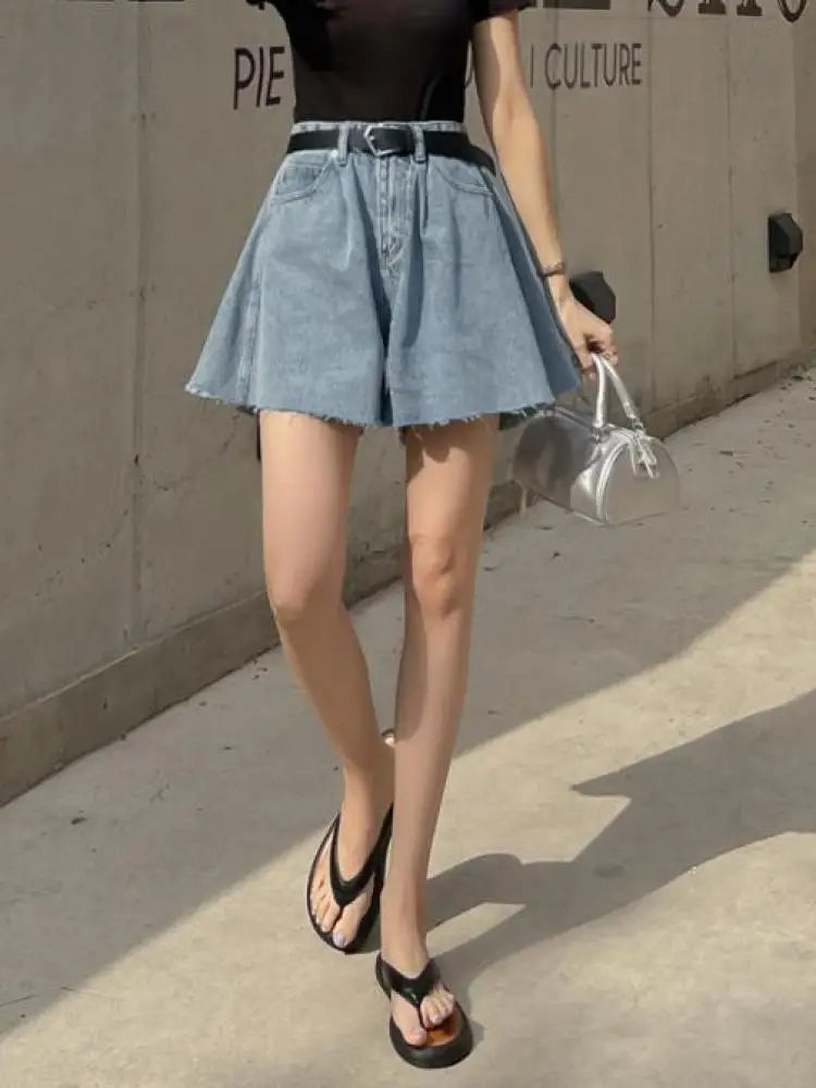 Black Washed Wide-leg Denim Shorts Woman All-match Blue Streetwear Fashion Casual Button Pockets High Waist Summer Korean Style