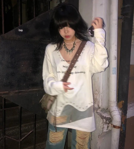 Japanese Y2k Patchwork Tops Grunge Aesthetic Irregular Long Sleeve T-shirt Vintage Harajuku Oversized Tshirt High Street