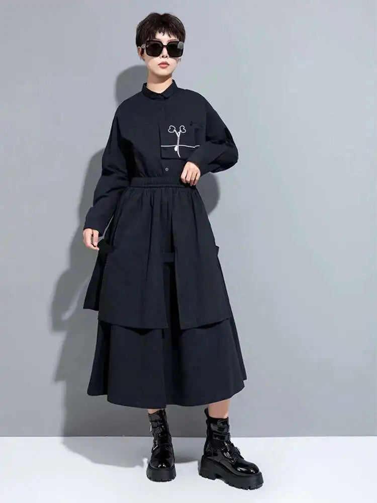 High Elastic Waist Black Layers Irregular Long A-line Half-body Skirt Women Fashion Tide New Spring Autumn 2025 1DH1082