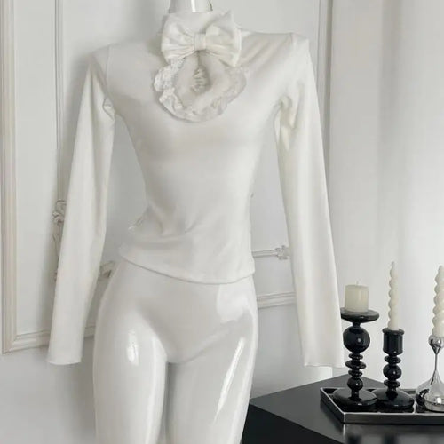 Load image into Gallery viewer, Vintage New 2024 Women's Autumn White Lace Bow Holiday Short T Shirt Pink Elegant Long Sleeve Slim Bottom Tops Fashion Versatile
