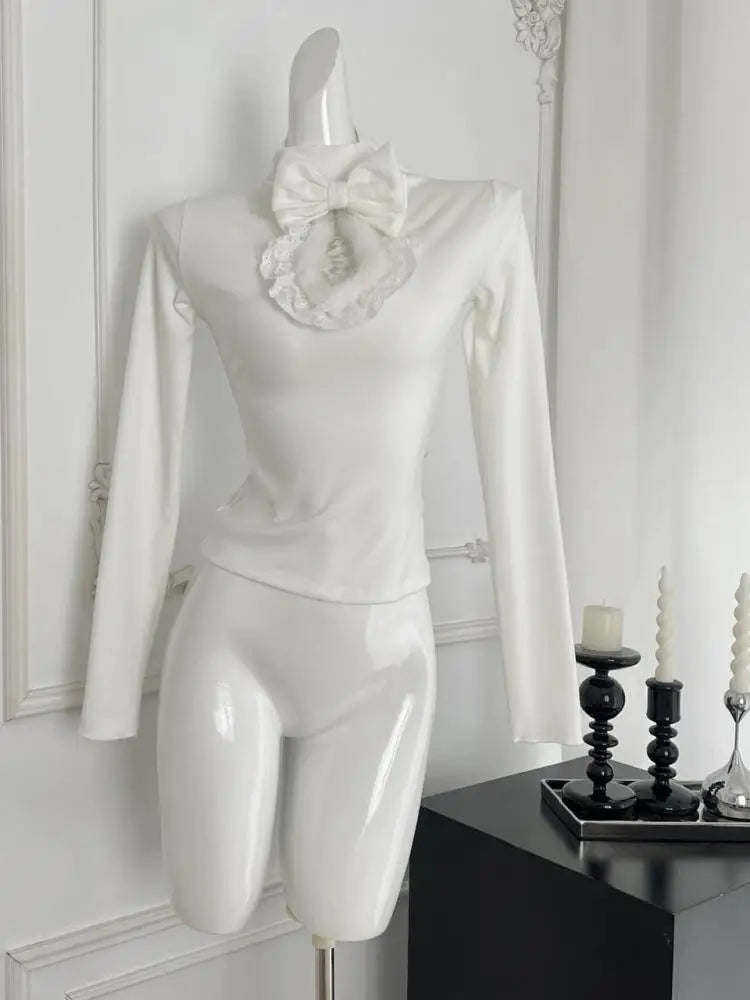 Vintage New 2024 Women's Autumn White Lace Bow Holiday Short T Shirt Pink Elegant Long Sleeve Slim Bottom Tops Fashion Versatile