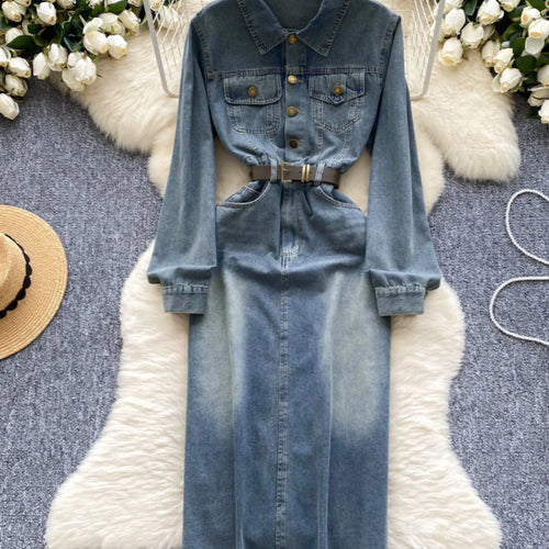Load image into Gallery viewer, Autumn Retro Blue Long Sleeves Single Breasted Denim Long Dress Korean Fashion Women Slim High Waist A-line Jeans Dresses Simple
