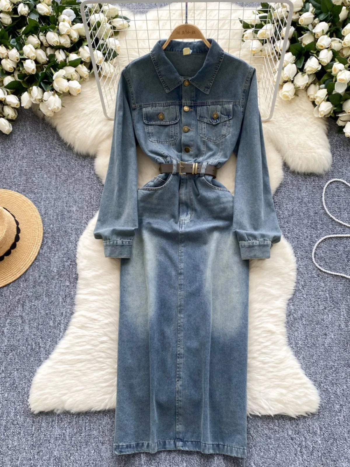 Autumn Retro Blue Long Sleeves Single Breasted Denim Long Dress Korean Fashion Women Slim High Waist A-line Jeans Dresses Simple