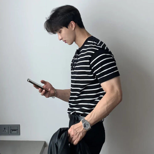 Load image into Gallery viewer, Korean Design Men&#39;s Tees Stripe Round Neck Short Sleeve Business Casual Male Pullover Tops Loose Stylish 9C6417
