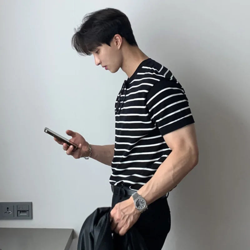 Korean Design Men's Tees Stripe Round Neck Short Sleeve Business Casual Male Pullover Tops Loose Stylish 9C6417