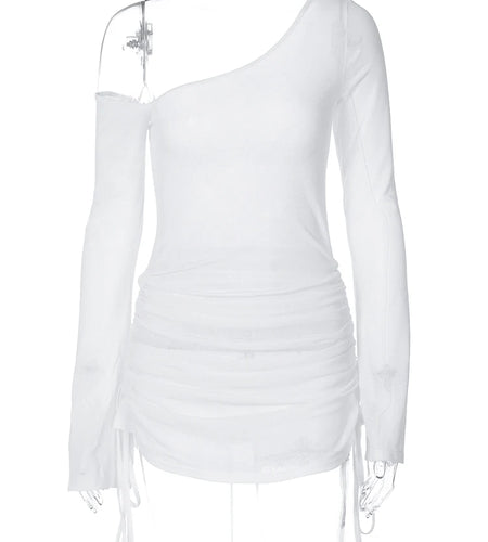 Diagonal Collar Long Sleeve Shirring Lace Up Sexy See through Mini Dress Spring Women Fashion Clothes Beach Vacation