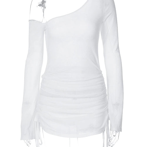 Load image into Gallery viewer, Diagonal Collar Long Sleeve Shirring Lace Up Sexy See through Mini Dress Spring Women Fashion Clothes Beach Vacation
