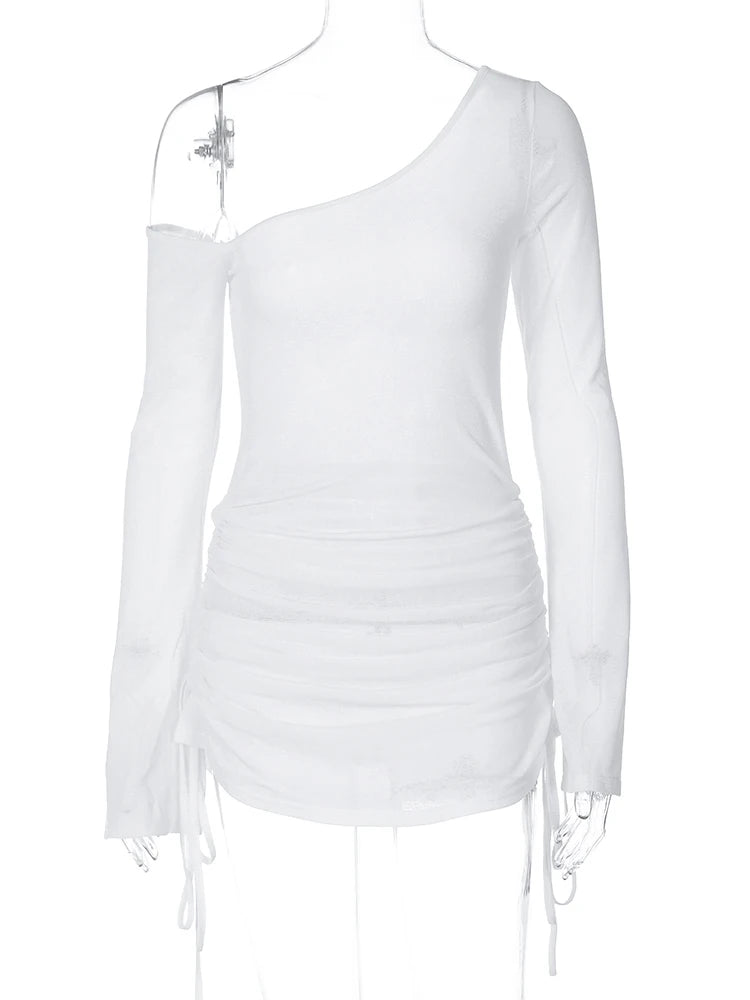 Diagonal Collar Long Sleeve Shirring Lace Up Sexy See through Mini Dress Spring Women Fashion Clothes Beach Vacation