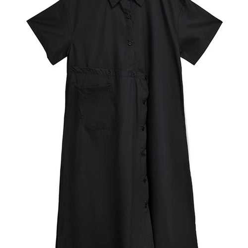 Load image into Gallery viewer, Women Black Irregular Button Big Size Midi Shirt Dress New Lapel Short Sleeve Fashion Tide Spring Summer 2025 1DJ0954
