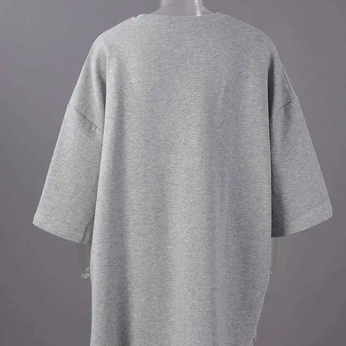 Load image into Gallery viewer, Women Beige Gray Side Slit Big Size Casual T-shirt New Round Neck Half Sleeve Fashion Tide Spring Autumn 2025 1DH6479
