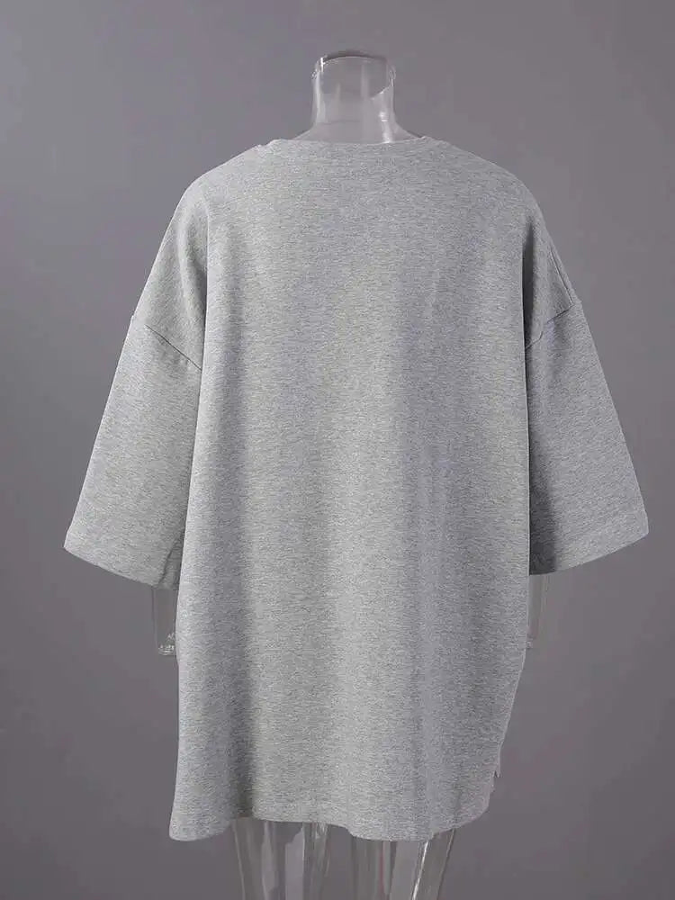 Women Beige Gray Side Slit Big Size Casual T-shirt New Round Neck Half Sleeve Fashion Tide Spring Autumn 2025 1DH6479