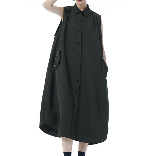 Load image into Gallery viewer, Women Dark Gray Zipper Pocket Big Size Midi Shirt Dress New Lapel Sleeveless Fashion Tide Spring Summer 2025 1DJ0950
