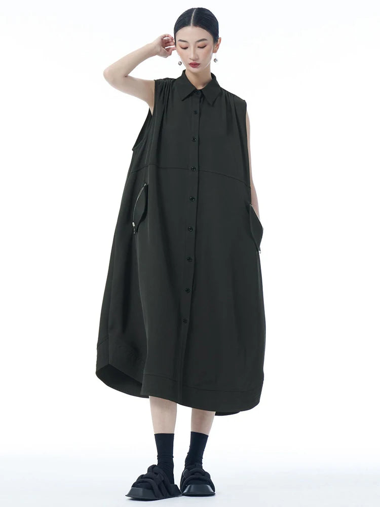 Women Dark Gray Zipper Pocket Big Size Midi Shirt Dress New Lapel Sleeveless Fashion Tide Spring Summer 2025 1DJ0950
