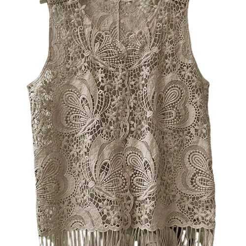 Load image into Gallery viewer, Solid Hollow Out Loose T Shirts For Women O Neck Sleeveless Minimalist Casual Spliced Tassel T Shirts Female New
