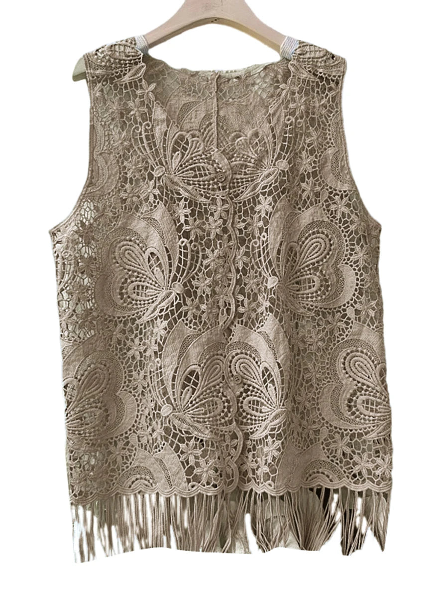 Solid Hollow Out Loose T Shirts For Women O Neck Sleeveless Minimalist Casual Spliced Tassel T Shirts Female New