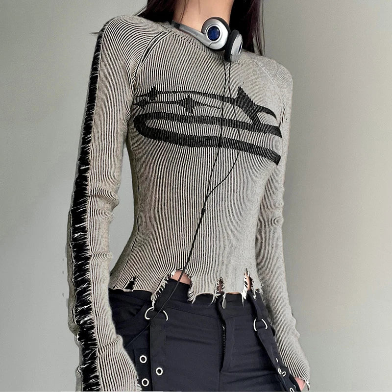 Grunge Y2K Vintage Ripped Sweater Knitted Women Pullover Knitting Crop Hole Fairycore Autumn Jumper Korean 90s Outfit