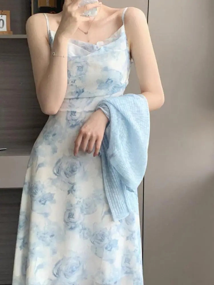Summer Blue Flower Sleeveless Elegant Pleated Slip Long Dresses Fashion Women Vintage High Waist Backless Vacation Sundress Boho