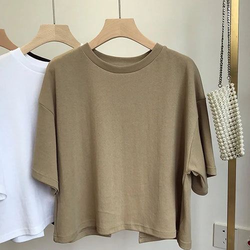 Load image into Gallery viewer, Summer New Ladies Casual Backless T-Shirt 2024 Korean Women Round Neck Loose Sweet Spicy Wind Short-Sleeved Crop Tops
