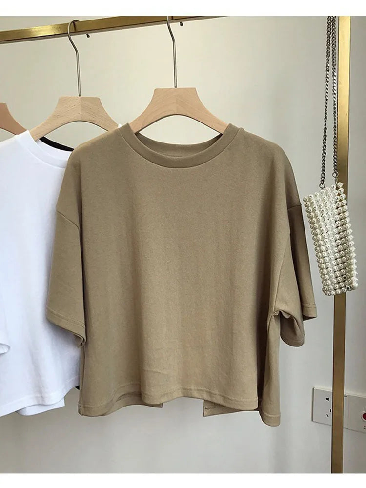 Summer New Ladies Casual Backless T-Shirt 2024 Korean Women Round Neck Loose Sweet Spicy Wind Short-Sleeved Crop Tops