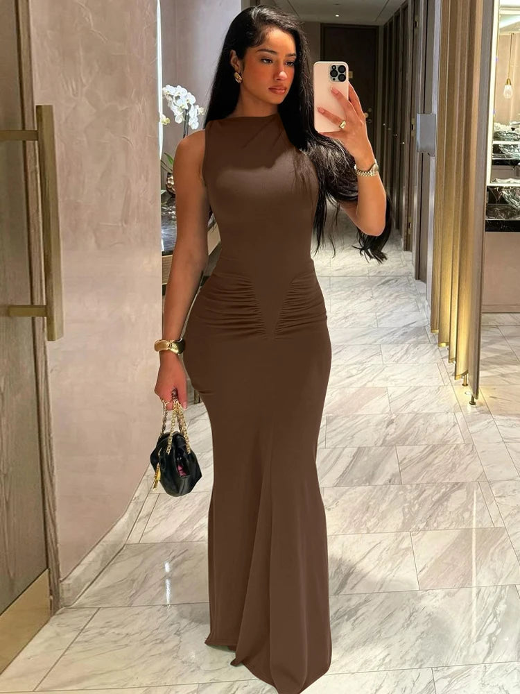 Elegant Solid Sleeveless Draped Sexy Bodycon Maxi Prom Dress Summer Women Fashion Y2K Clothes Wedding Birthday Party