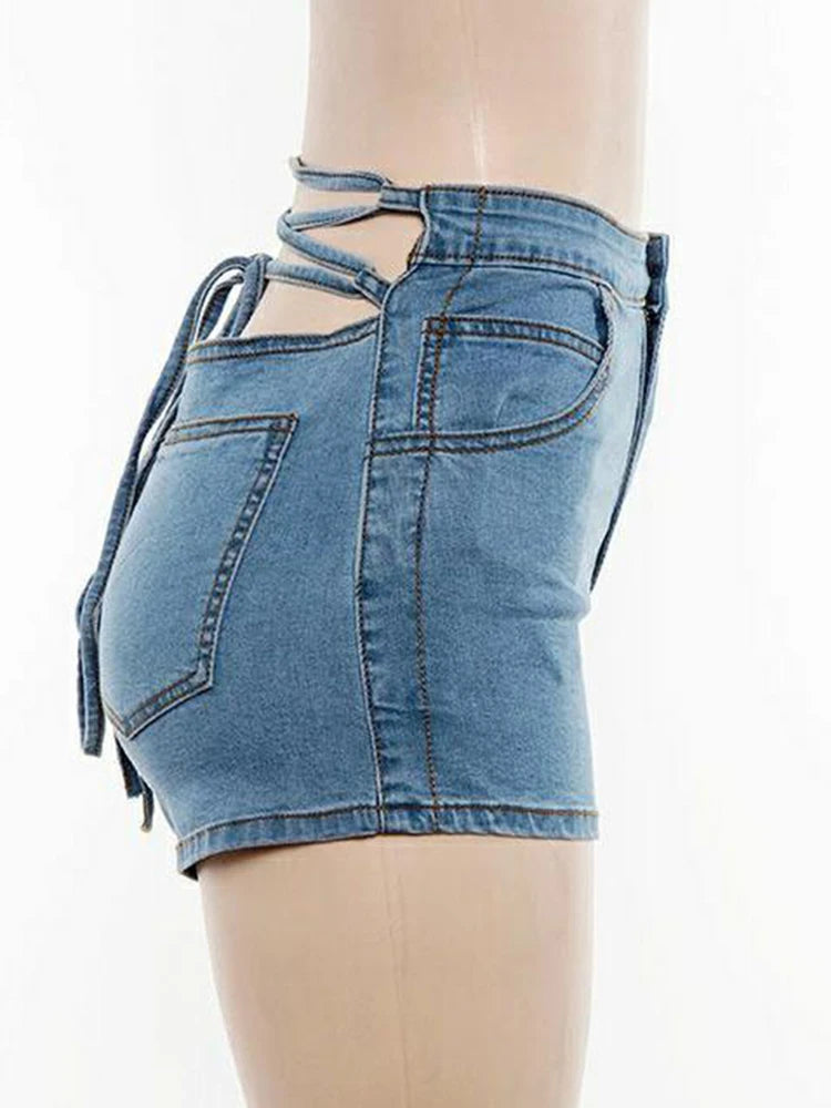 Korean Fashion Denim Shorts For Women High Waist Patchwork Bandage Designer Short Pants Female Clothing Summer