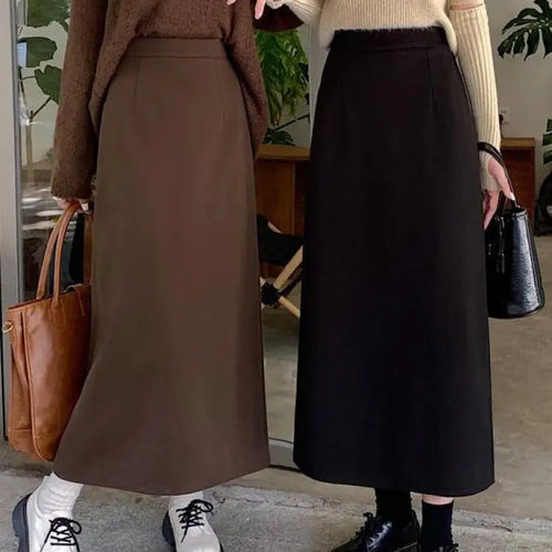 Load image into Gallery viewer, Autumn Brown Woolen Straight Long Skirts Women Black Casual Elegant Females Warm A-line Elastic High Waist Skirt Korean Fashion
