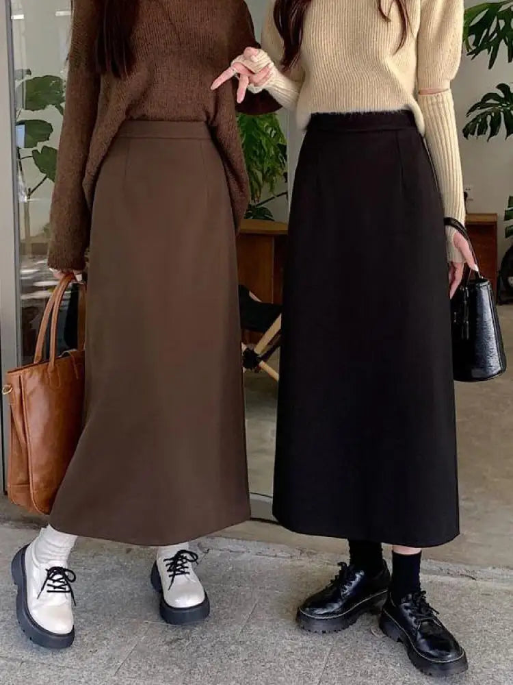Autumn Brown Woolen Straight Long Skirts Women Black Casual Elegant Females Warm A-line Elastic High Waist Skirt Korean Fashion