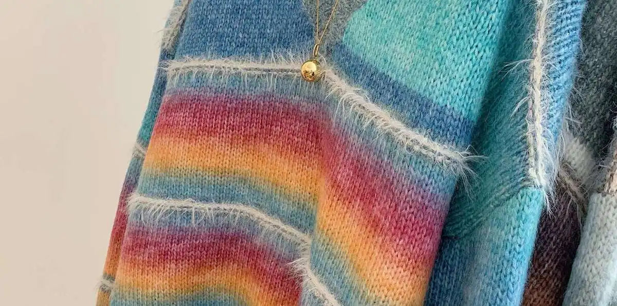 Autumn Winter Women's 2024 Rainbow Striped Pullover Knitwear Sweater Korean Fashion Ladies V Neck Long Sleeved Loose Tops Trendy