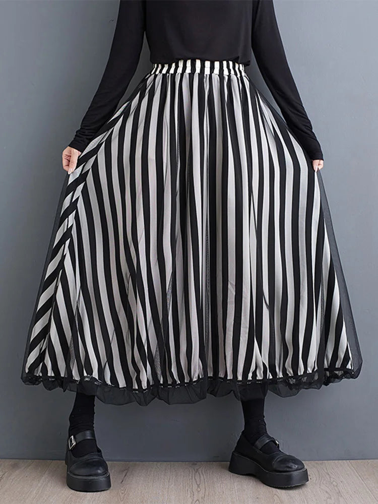 High Elastic Waist Black Dot Printed Mesh Spliced A-line Half-body Skirt Women Fashion Tide New Spring Autumn 2025 1DJ0329