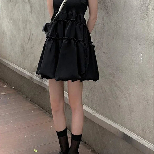 Load image into Gallery viewer, Summer Ruffles Slip Black Mini Dress Kawaii Cute Korean Fashion Spaghetti Strap Short Dresses Holiday Sundress Women
